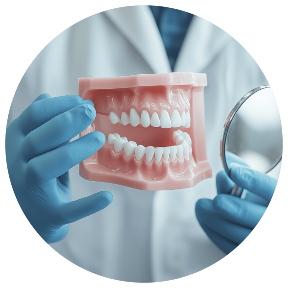 A dentist, wearing blue gloves, is holding a medical model of teeth and a hand mirror.