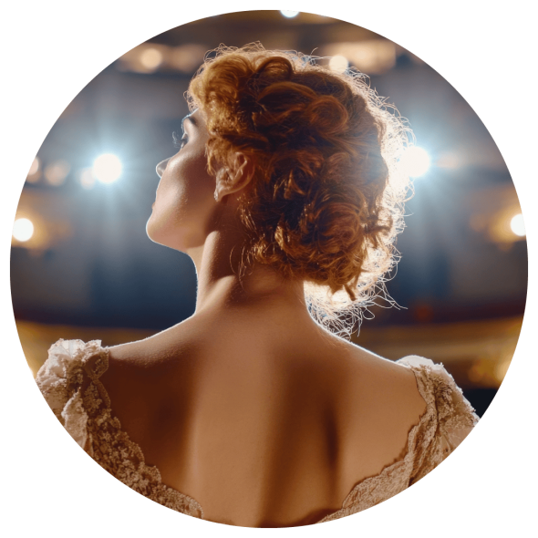 A confident female actor stands poised on stage, bathed in a warm golden glow.